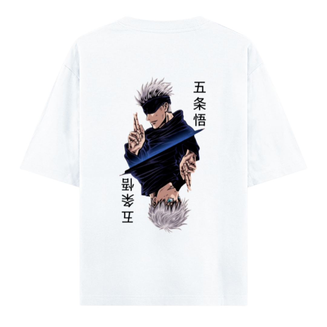 Elite Dual Sided  Oversized Unisex Tee-Jujutsu kaisen in Japanese Kanji front logo paired with iconic Gojo's Sixth Eye back graphics.