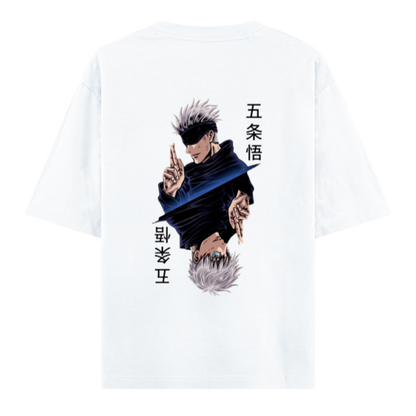 Elite Dual Sided  Oversized Unisex Tee-Jujutsu kaisen in Japanese Kanji front logo paired with iconic Gojo's Sixth Eye back graphics.