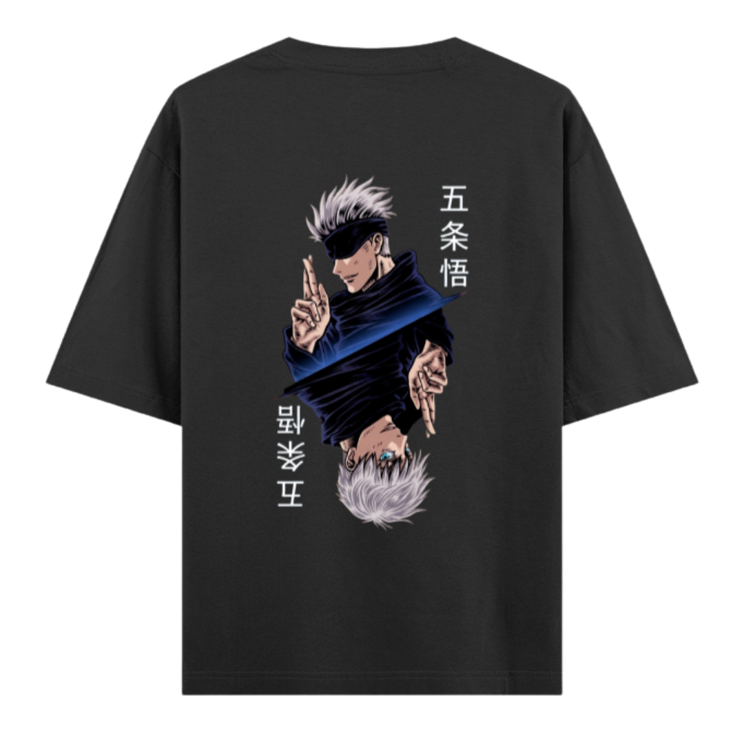 Elite Dual Sided Oversized Unisex Tee-Jujutsu kaisen in Japanese Kanji front logo paired with iconic Gojo's Sixth Eye back graphics.