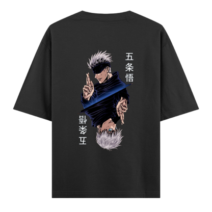 Elite Dual Sided Oversized Unisex Tee-Jujutsu kaisen in Japanese Kanji front logo paired with iconic Gojo's Sixth Eye back graphics.