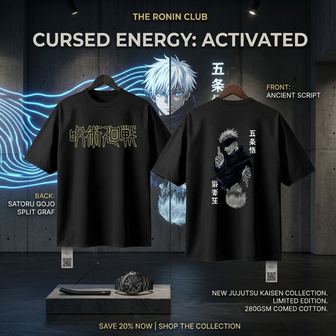 Elite Dual Sided Oversized Unisex Tee-Jujutsu kaisen in Japanese Kanji front logo paired with iconic Gojo's Sixth Eye back graphics.