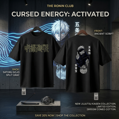 Elite Dual Sided Oversized Unisex Tee-Jujutsu kaisen in Japanese Kanji front logo paired with iconic Gojo's Sixth Eye back graphics.