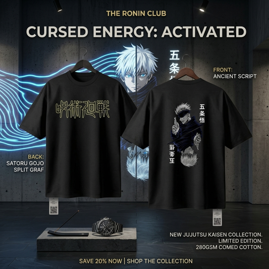 Elite Dual Sided Oversized Tee-Jujutsu kaisen in Japanese Kanji front logo paired with iconic Gojo's Sixth Eye back graphics.