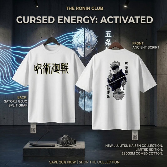 Elite Dual Sided  Oversized Tee-Jujutsu kaisen in Japanese Kanji front logo paired with iconic Gojo's Sixth Eye back graphics.